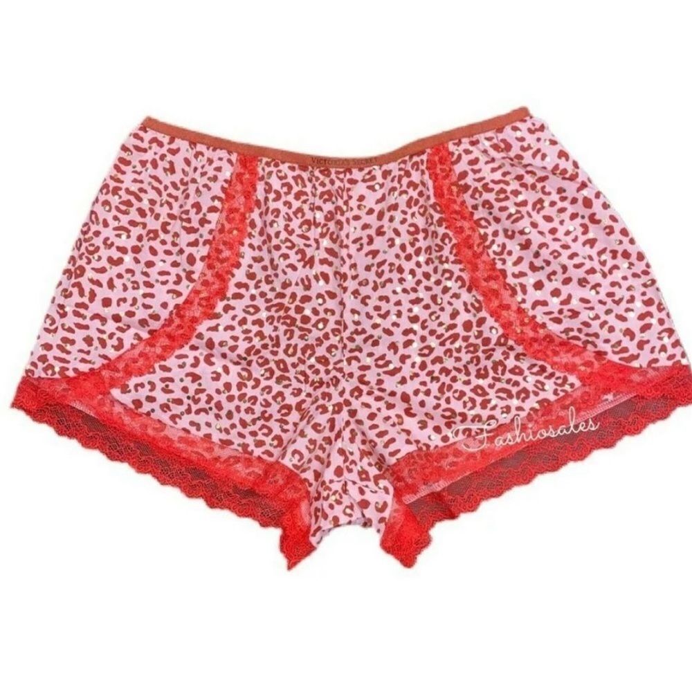Victoria’s Secret Foil Dot Leopard Print Lace Trim pajama shorts red pink Small